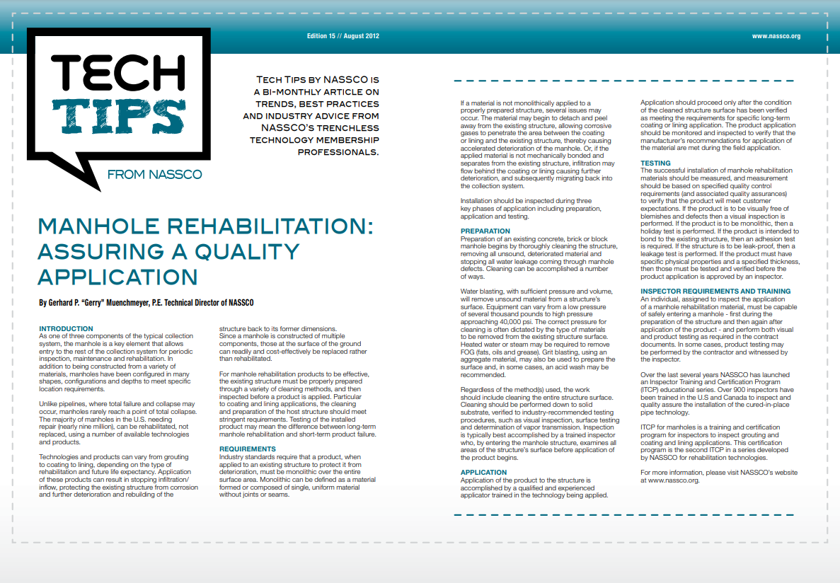 Manhole Rehabilitation: Assuring a Quality Application – August 2012