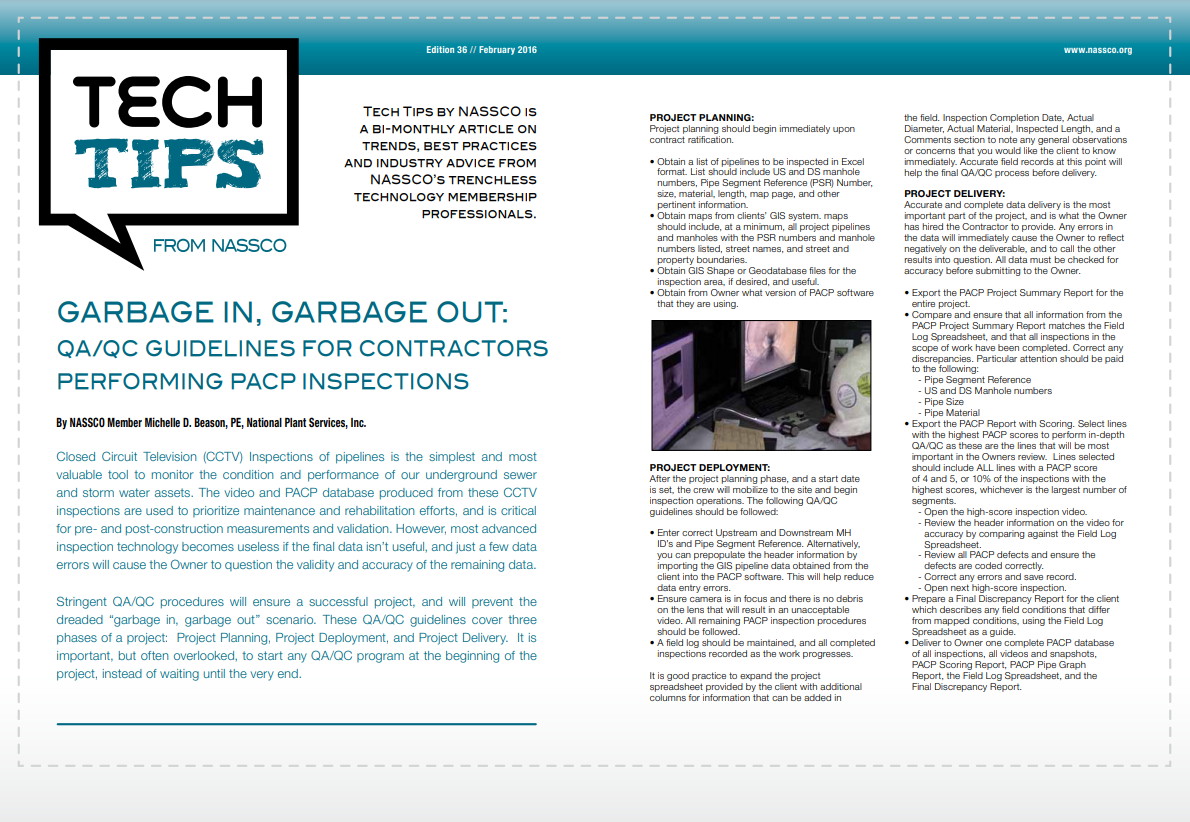 Garbage In, Garbage Out: QA/QC Guidelines for Contractors Performing PACP® Inspections