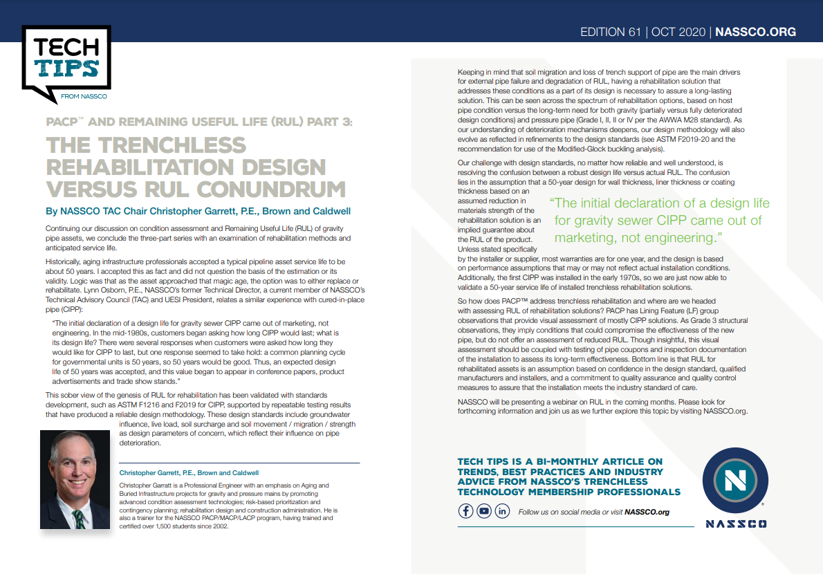 PACP® And Remaining Useful Life (RUL) Part 3: The Trenchless Rehabilitation Design Versus RUL Conundrum