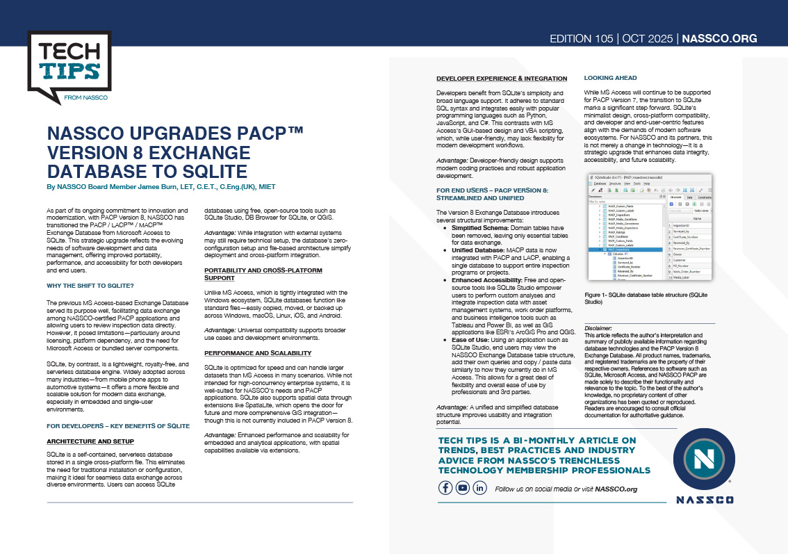 NASSCO UPGRADES PACP™ VERSION 8 EXCHANGE DATABASE TO SQLITE